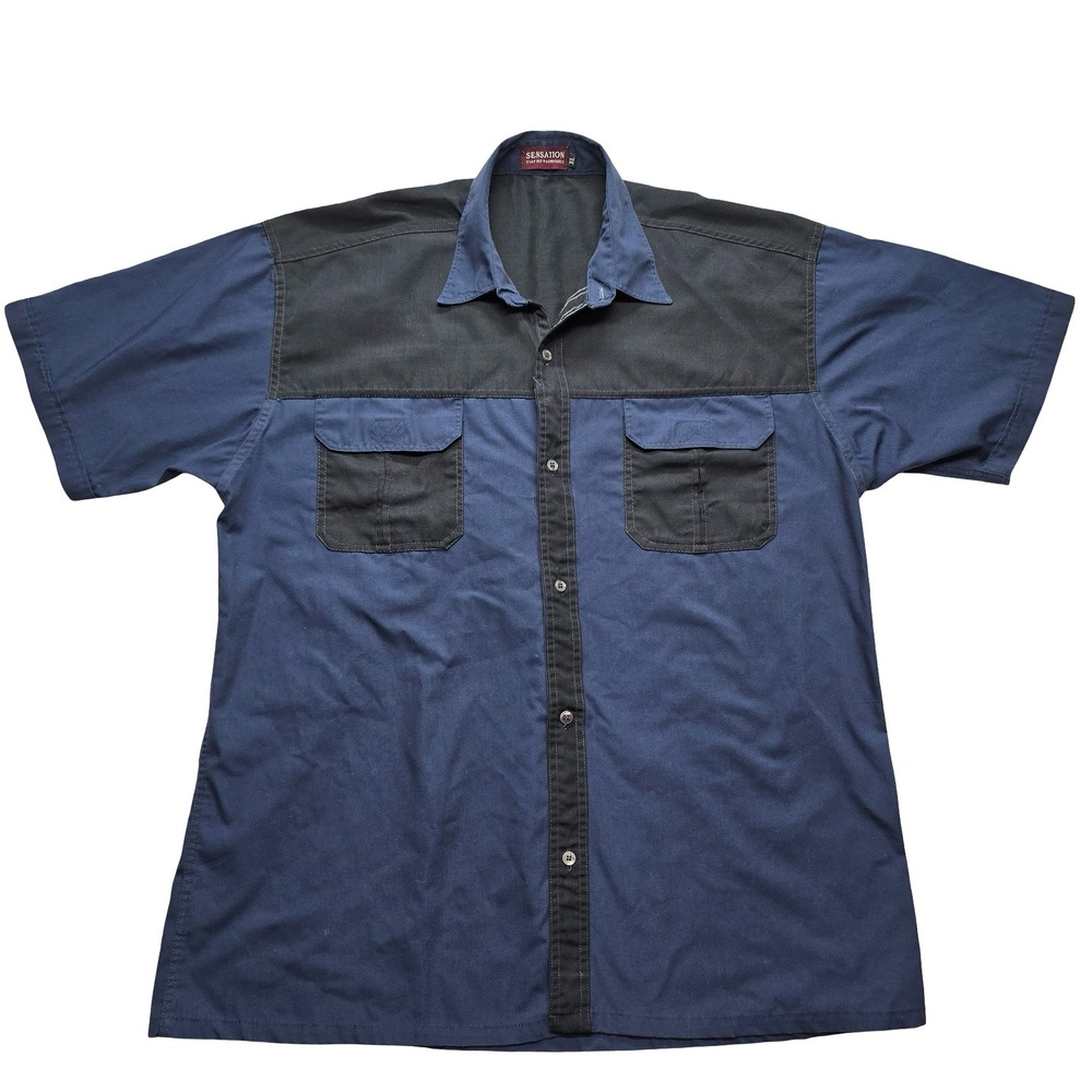 Sensation Work Shirt Utility Button Up Colorblock Navy Black‎ Men XL